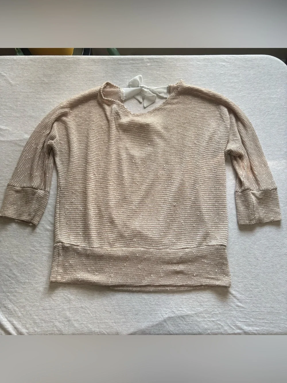A. Byer Textured Knit Bow Back Sweater Blouse Beige White Stripe L